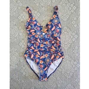 B2PRITY Womens Blue Floral Paisley One Piece Swimsuit Ruched Tummy Control Small